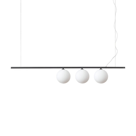 The Zephira 3 Light Linear Suspension - Black features a contemporary design, with a sleek black horizontal bar suspended from the ceiling. It is adorned with three evenly spaced, glowing white spherical bulbs. This minimalistic fixture casts an ambient glow against a plain white background.