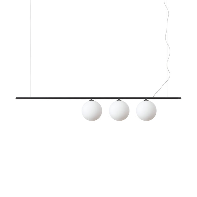 The Zephira 3 Light Linear Suspension - Black features a contemporary design, with a sleek black horizontal bar suspended from the ceiling. It is adorned with three evenly spaced, glowing white spherical bulbs. This minimalistic fixture casts an ambient glow against a plain white background.