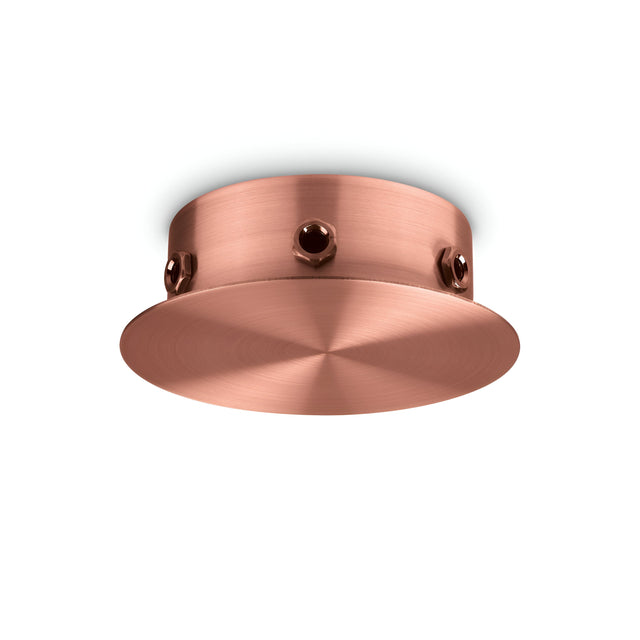 The Glacia 6 Light Magnetic Ceiling Rose in copper boasts a sleek design with a smooth, metallic finish, enhanced by its pendant light support. It creates an elegant contrast against a plain white background.