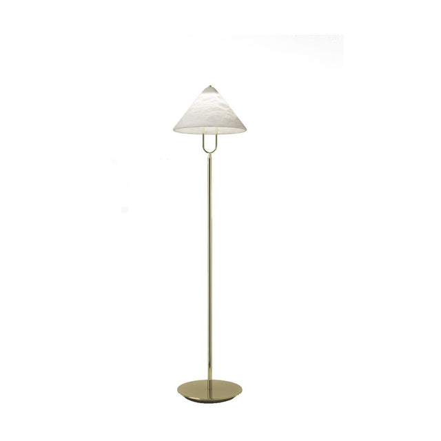 Fuji LED Alabaster Floor Lamp with conical alabaster shade on a U-shaped yoke, slim stem and round disc base in polished brass, shown on a plain white background.