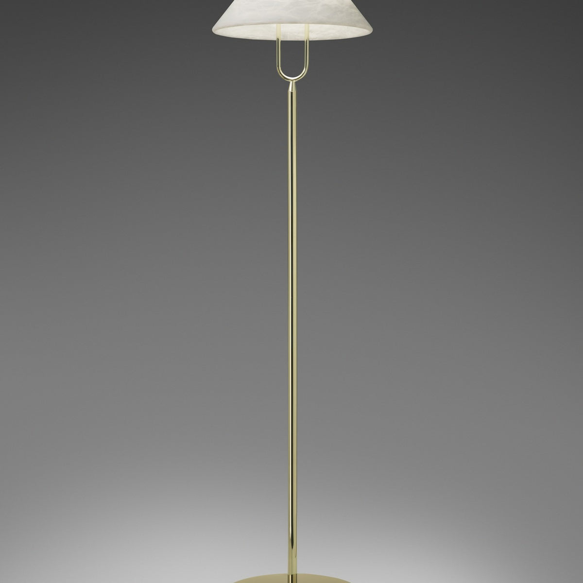 Fuji LED Alabaster Floor Lamp with conical alabaster shade on a U-shaped yoke, slim stem, and round disc base in polished brass, set against a grey background.