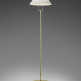 Fuji LED Alabaster Floor Lamp with conical alabaster shade on a U-shaped yoke, slim stem, and round disc base in polished brass, set against a grey background.