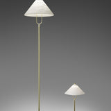 Fuji LED Alabaster Floor Lamp in polished brass, shown in two heights with conical alabaster shades on slim stems and U-shaped yokes, set against a grey background.
