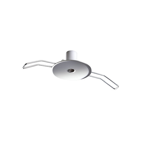 The Glacia 1 Light Recessed Magnetic Ceiling Rose in chrome features a minimalist and modern design with a round base, two extended metal arms, and a sleek look, making it suitable for various interior spaces.