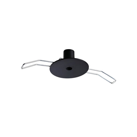 The Glacia 1 Light Recessed Magnetic Ceiling Rose in black showcases a sleek, modern design with two angled metal arms extending from its sides against a white backdrop. Its sturdy metal frame enhances the elegant aesthetic, ensuring both style and durability.