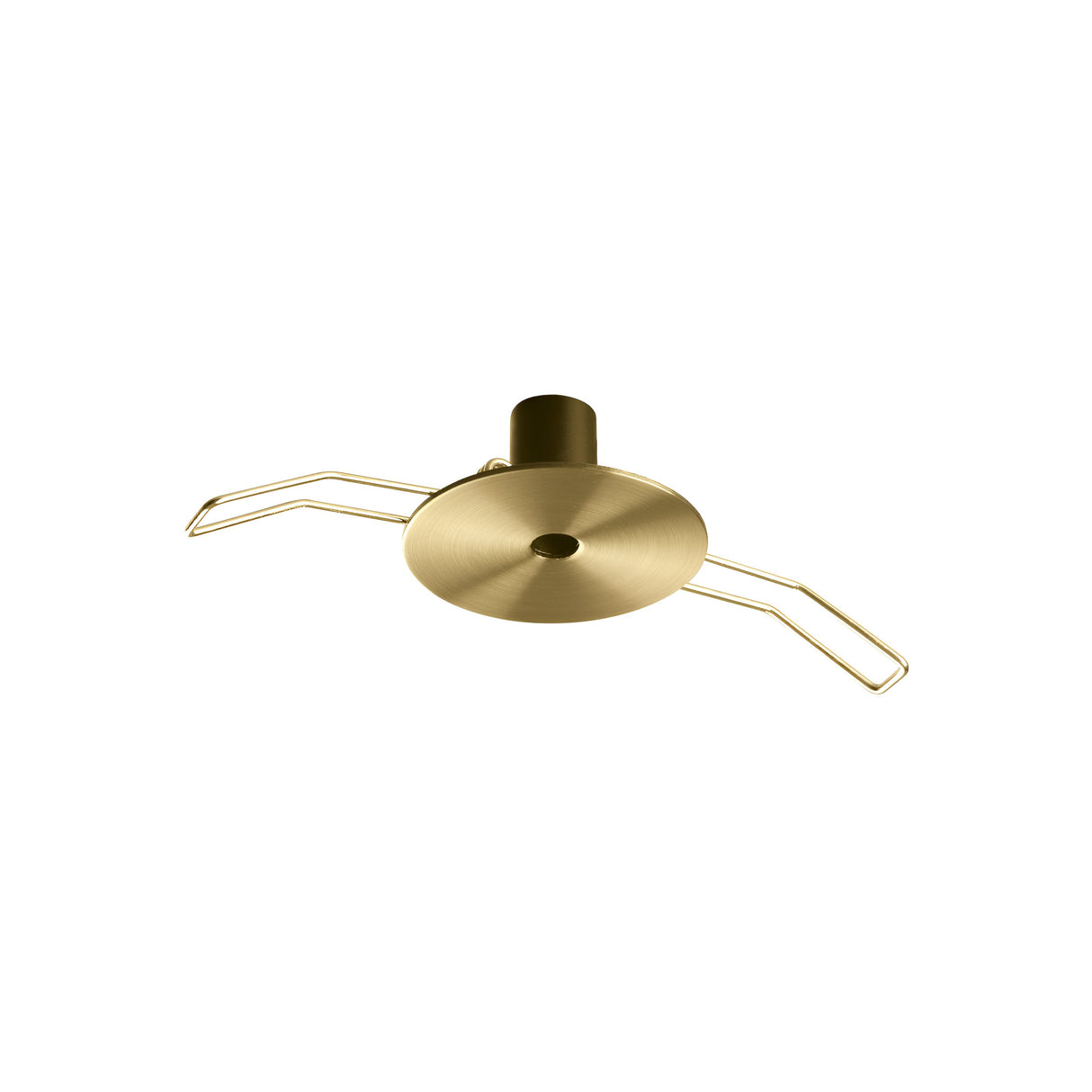 The Glacia 1 Light Recessed Magnetic Ceiling Rose in a brushed brass finish showcases a modern, elegant design with two curved arms extending from its central circular base. Its minimalist and sleek look is further enhanced by the recessed magnetic ceiling rose, set against a plain white background.