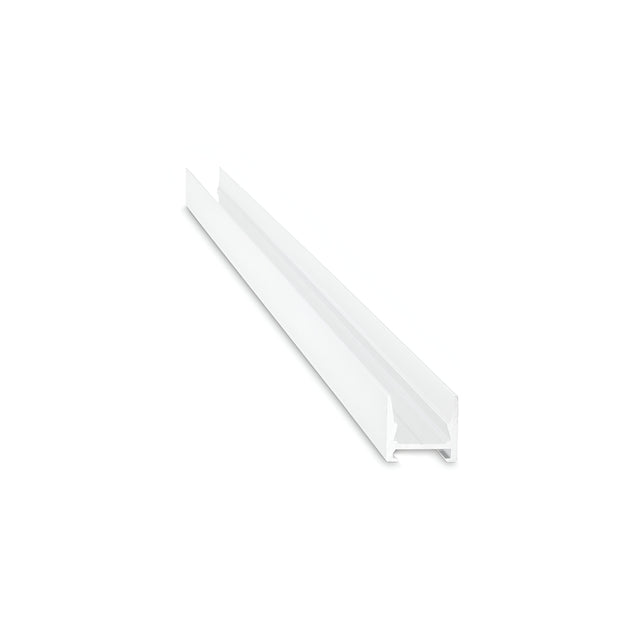 The Arcus LED Profile Cover 2m - White, measuring 16x15cm, is a long rectangular plastic channel featuring a U-shaped groove in the center and is positioned diagonally against a plain white background.