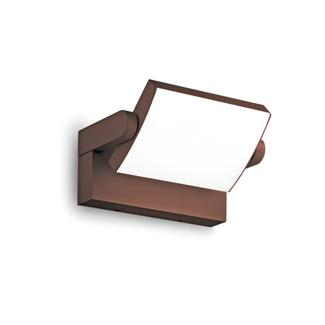 A modern, rectangular Solstice LED Outdoor Wall Light featuring a minimalistic geometric design with a powder-coated aluminium frame in brown and a flat white surface. It's perfect for mounting against a white backdrop.
