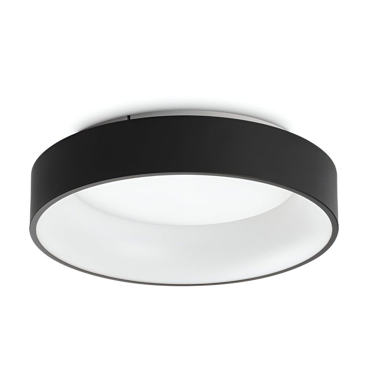 Introducing the Fluxis LED Flush Ceiling Light - Black, 45cm: a contemporary circular light with a sleek black rim and a smooth white diffuser. Elegantly mounted flush against any white ceiling, it is ideal for modern interiors. This energy-efficient lighting solution utilizes advanced LED technology to stylishly and effectively illuminate any space.