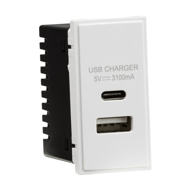 The Dual USB (3.1A) Module 25 X 50mm - White is a white, wall-mounted charger with two ports that includes a sleek black side casing and built-in overload protection for enhanced safety.