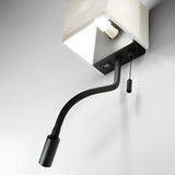 Introducing the Sparxis LED Wall Light 3W 3000K - Black: a modern wall light featuring a sleek square design. This fixture boasts a black flexible reading light and an integrated USB socket, complemented by a convenient pull cord for easy access, seamlessly combining style and functionality for contemporary lighting solutions.