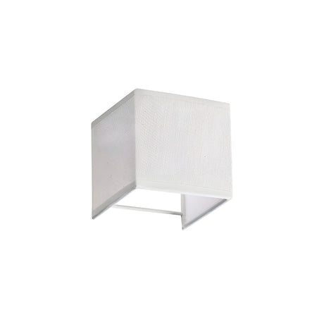 A sleek and contemporary Sparxis Wall Lampshade in beige, featuring a cube-shaped design that provides a neutral lighting effect. This minimalist light fixture boasts a textured surface with an open bottom to emit light downwards. When mounted on a white background, it accentuates its simple and elegant aesthetic.