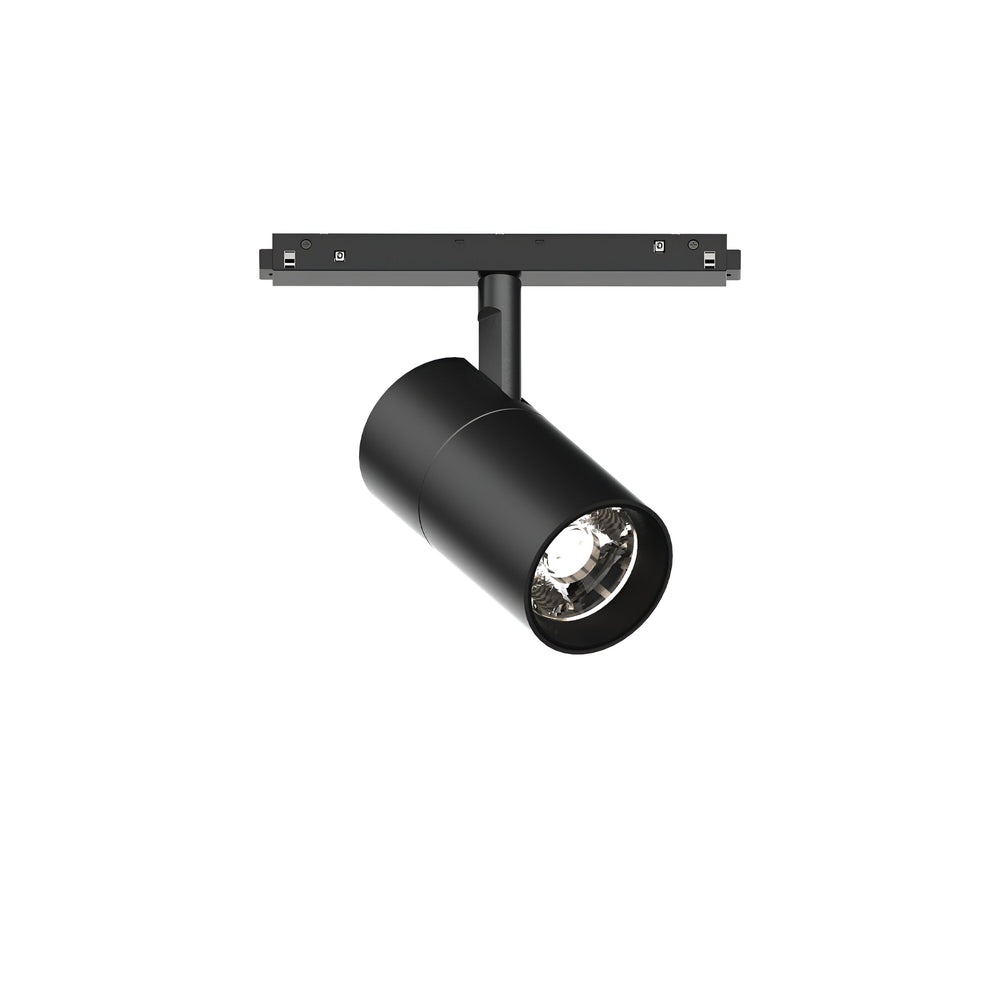 A black Luxeon Dimmable LED Magnetic Track Spotlight with a 19W cylindrical design casts light on a plain white background, mounted elegantly on a metal rail.