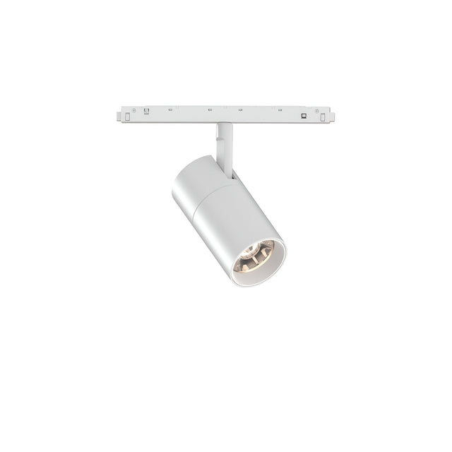 The Luxeon LED Magnetic Track Spotlight 19W 3000K - White is a silver track light fixture mounted on a white track. It features a cylindrical light housing directed downward, delivering energy-efficient lighting with a modern, sleek design suitable for various needs.