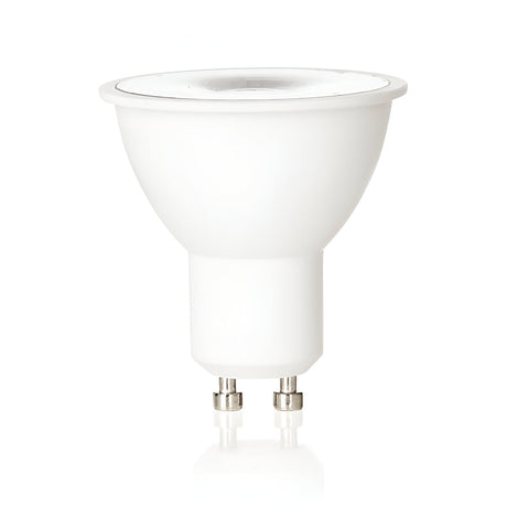 A 5W GU10 Non-Dimmable bulb, recognized for its energy-efficient lighting, is displayed against a plain white background. This white LED bulb has a rounded top and two metal prongs at the bottom, providing a soft 2700K color temperature perfect for creating cozy atmospheres.