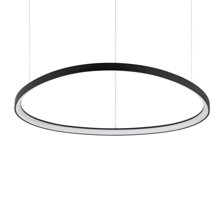The Zephra LED Light Suspension 55W 3000K - Black, 105cm is a modern circular pendant with a black frame and white diffuser, showcasing a sleek minimalist design elegantly suspended by thin cables against a simple white backdrop.