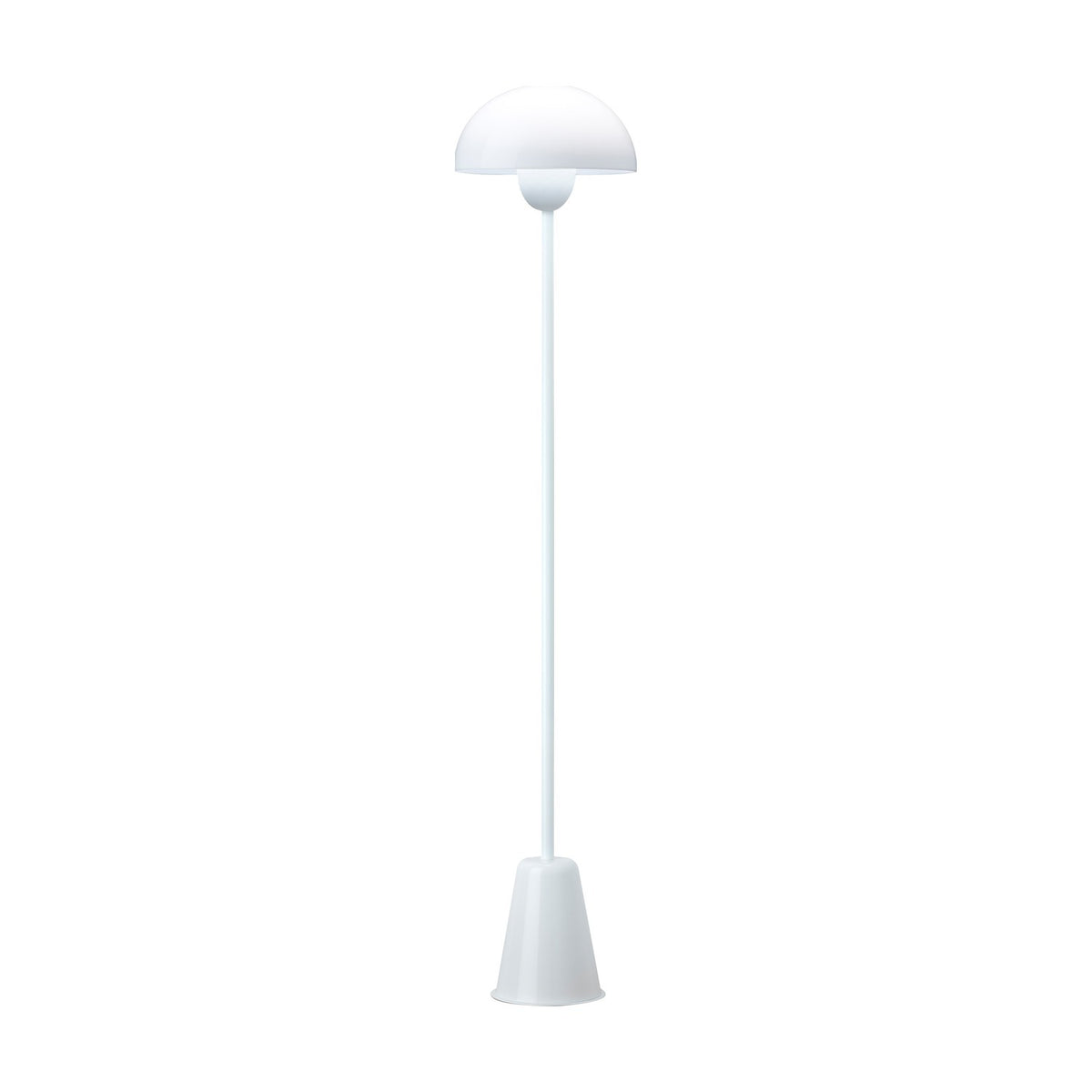 Star Floor Lamp in glossy white, featuring a slender iron stem, tapered conical base, and white acrylic dome shade, shown against a plain white background.