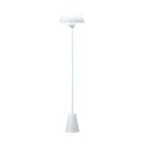 Star Floor Lamp in glossy white, featuring a slender iron stem, tapered conical base, and white acrylic dome shade, shown against a plain white background.