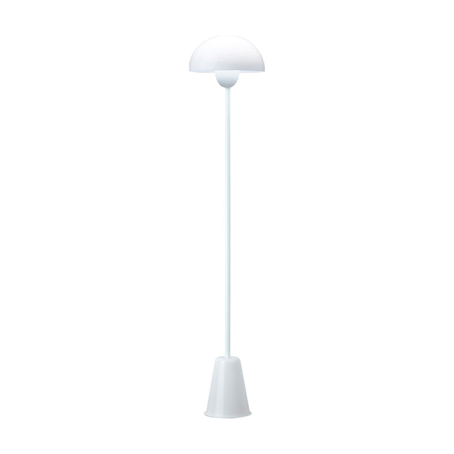 Star Floor Lamp in glossy white, featuring a slender iron stem, tapered conical base, and white acrylic dome shade, shown against a plain white background.