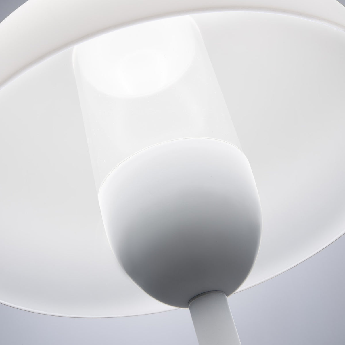 Close-up of the Star Floor Lamp in glossy white, showing the acrylic dome shade and rounded globe diffuser on a slender white iron stem.