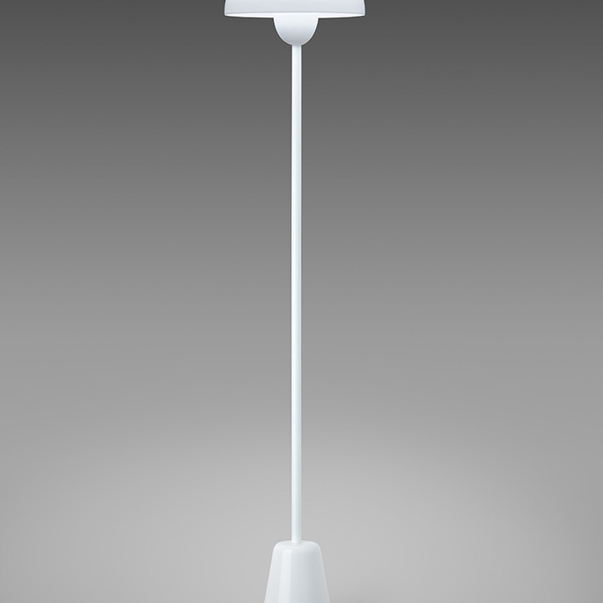 Star Floor Lamp in glossy white, single-light design with a round acrylic dome shade, slender stem, and tapered conical base, shown against a plain grey background.