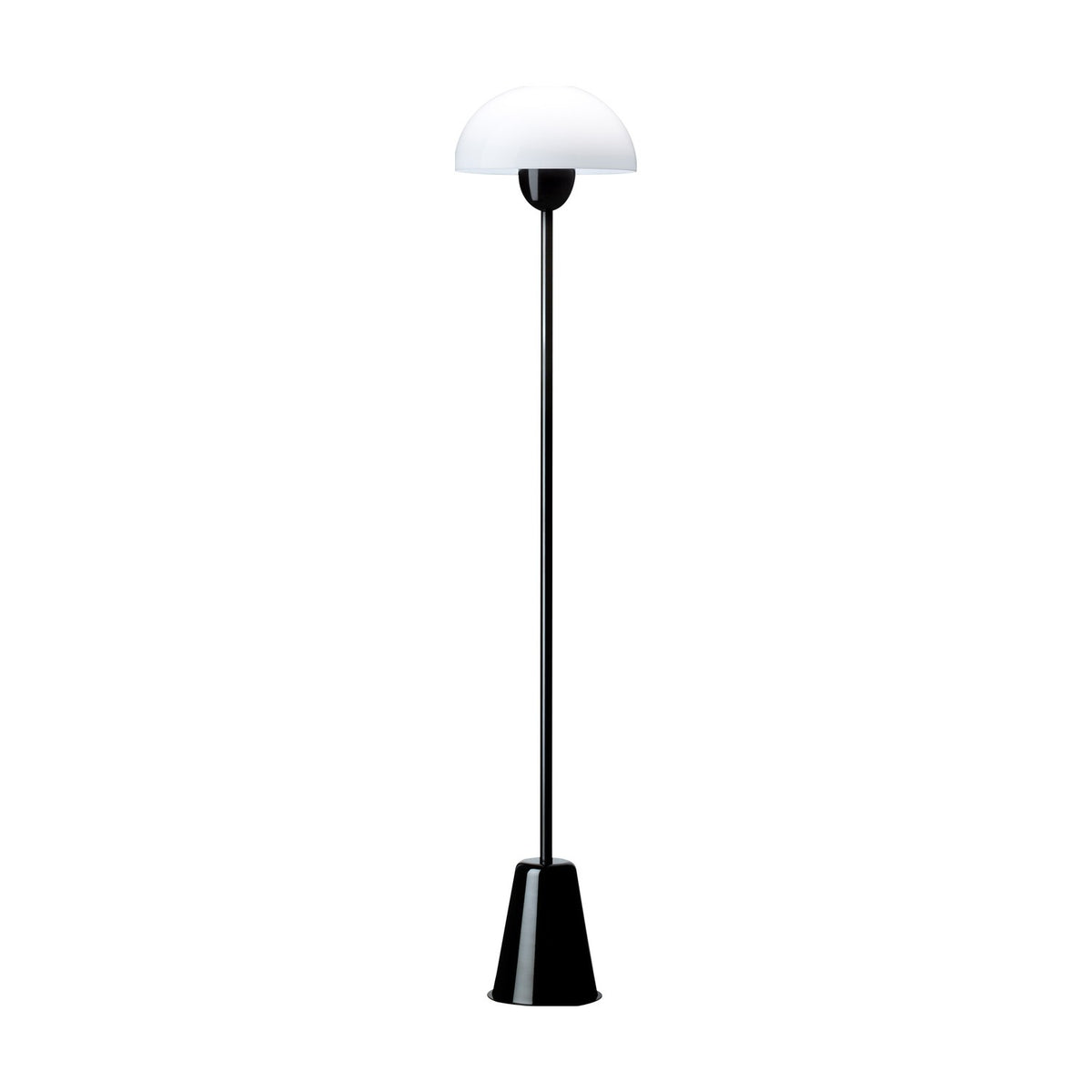 Star Floor Lamp in glossy black, slim iron stem on a conical base with a white acrylic dome shade, E27 fitting, shown against a plain white background.