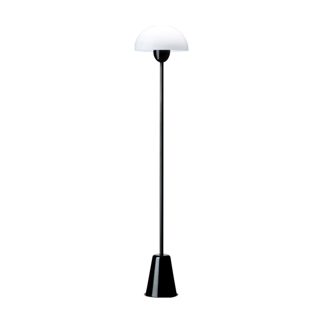 Star Floor Lamp in glossy black, slim iron stem on a conical base with a white acrylic dome shade, E27 fitting, shown against a plain white background.