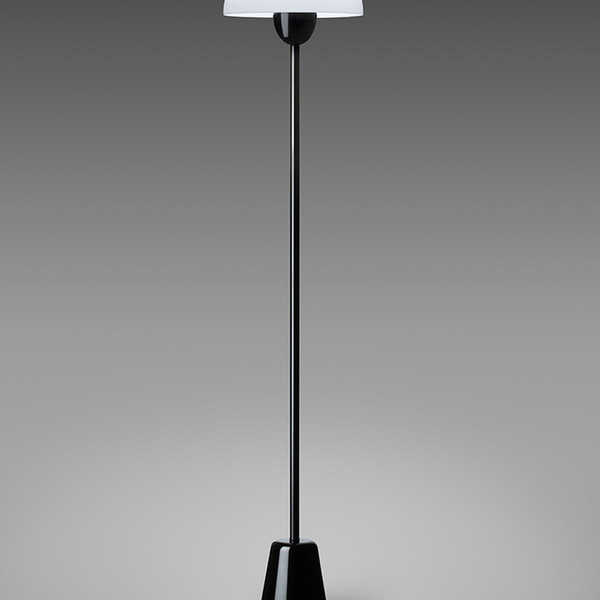 Star Floor Lamp in glossy black, slim iron stem on conical base with white acrylic dome shade, E27 fitting, shown against a plain grey background.