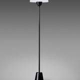 Star Floor Lamp in glossy black, slim iron stem on conical base with white acrylic dome shade, E27 fitting, shown against a plain grey background.