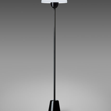 Star Floor Lamp in glossy black, slim iron stem on conical base with white acrylic dome shade, E27 fitting, shown against a plain grey background.