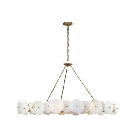The Solaryn LED Linear Disc Alabaster Chandelier in Soft White & Brass features a circular gold frame suspended by four rods and a chain, adorned with elegant round alabaster discs for a modern touch.