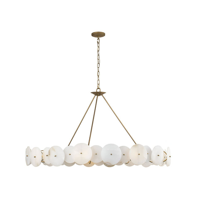 The Solaryn LED Linear Disc Alabaster Chandelier in Soft White & Brass features a circular gold frame suspended by four rods and a chain, adorned with elegant round alabaster discs for a modern touch.