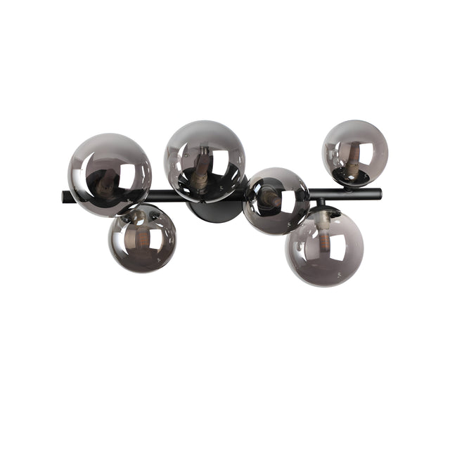 The Solana 6 Light Ceiling & Wall Light - Black features a modern design with six round, smokey glass globes of different sizes attached to a horizontal black bar. These globes encase light bulbs, forming a chic contemporary lighting fixture.