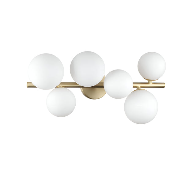 The Solana 6 Light Ceiling & Wall Light - White boasts a modern and minimalist design with a sleek gold base and six white spherical bulbs arranged asymmetrically. This contemporary fixture embodies the essence of modern minimalist lighting, offering an elegant illumination solution.