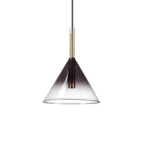 The Empire-1 1 Light Glass Pendant - Black features a sleek, conical smoky gray glass shade suspended by a black cord. This modern design includes a dimmable feature and incorporates a gold-toned metallic element inside, adding an elegant touch.