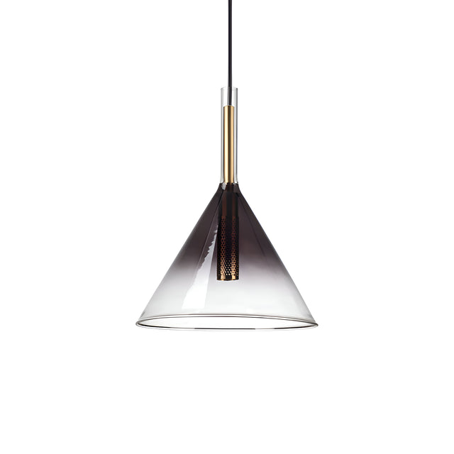 The Empire-1 1 Light Glass Pendant - Black features a sleek, conical smoky gray glass shade suspended by a black cord. This modern design includes a dimmable feature and incorporates a gold-toned metallic element inside, adding an elegant touch.