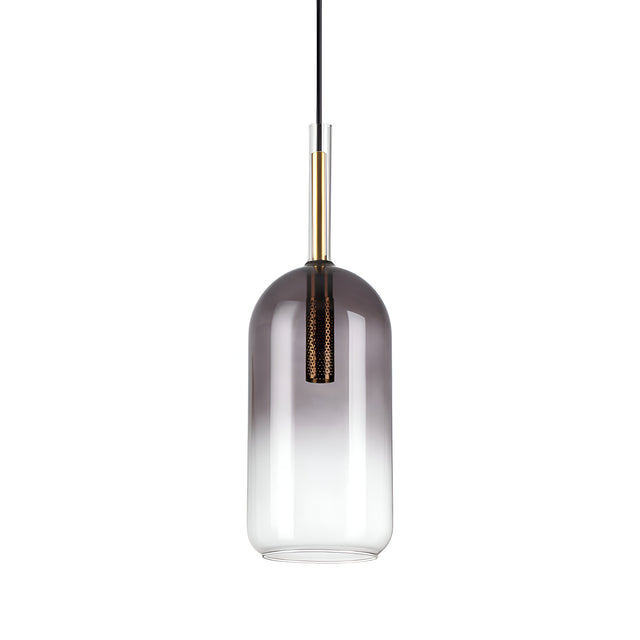 The Empire-2 1 Light Glass Pendant - Black features a cylindrical glass shade transitioning from smoky grey to clear, compatible with E27 bulbs, and is accented with brass details and a black cord, all set against a white backdrop.