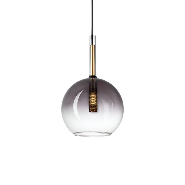 The Empire-3 1 Light Glass Pendant - Black is a contemporary lighting fixture featuring a spherical glass shade with a gradient from clear to dark. It provides ambient lighting with its cylindrical metal mesh diffuser, elegantly suspended from a thin black cord and a metallic fixture.