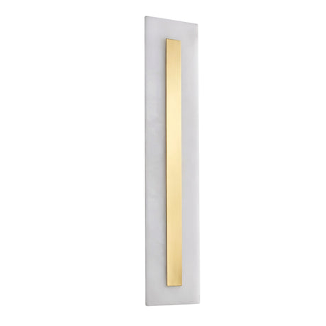 The Averra LED Extra Large Rectangle Alabaster Wall Light in soft white and brass features a minimalist design with a sleek vertical gold accent for a modern touch.