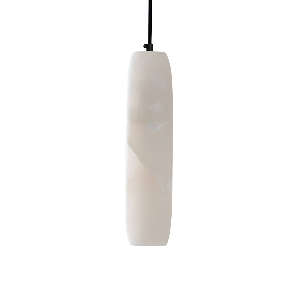 The Vireth 1 Light Small Cylinder Alabaster Single Pendant Light in soft white features a minimalist design with a smooth alabaster finish, hanging from a black cord against a plain white background.