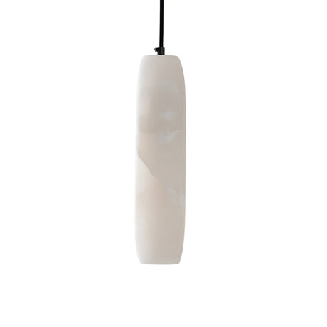 The Vireth 1 Light Small Cylinder Alabaster Single Pendant Light in soft white features a minimalist design with a smooth alabaster finish, hanging from a black cord against a plain white background.