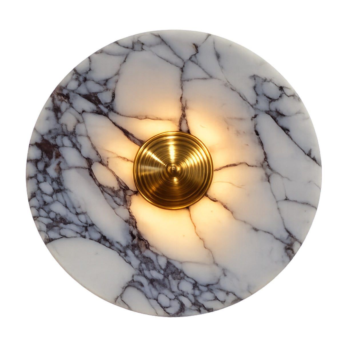 The Carrara LED Large Veined Disc Marble Wall Light features a white and black veined marble surface with a brushed brass center, radiating warm illumination.