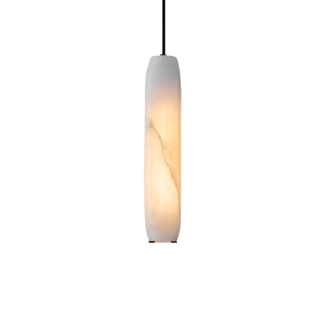 The Vireth 1 Light Small Cylinder Alabaster Single Pendant Light in Soft White features a smooth alabaster shade that softly glows from within, suspended by a black cord against a plain white background.