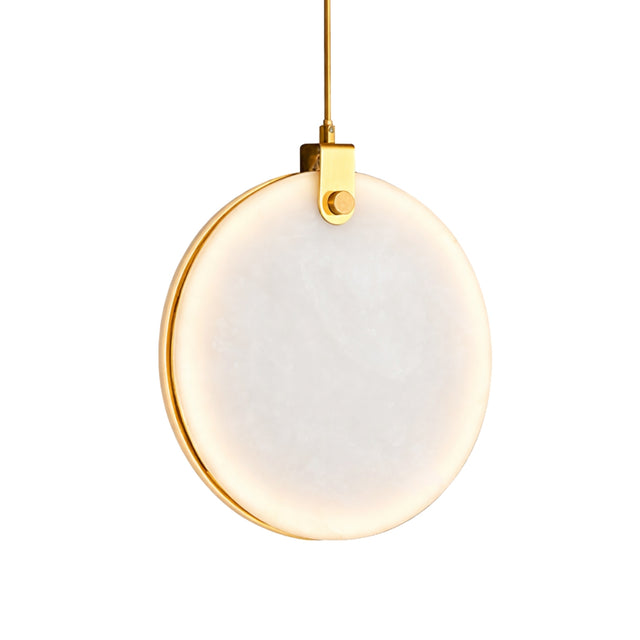 The Luna LED Large Alabaster Single Pendant Light in soft white and brushed brass combines an elegant white circle with a gold cable, evoking the beauty of alabaster and the sleek look of brushed brass lighting.