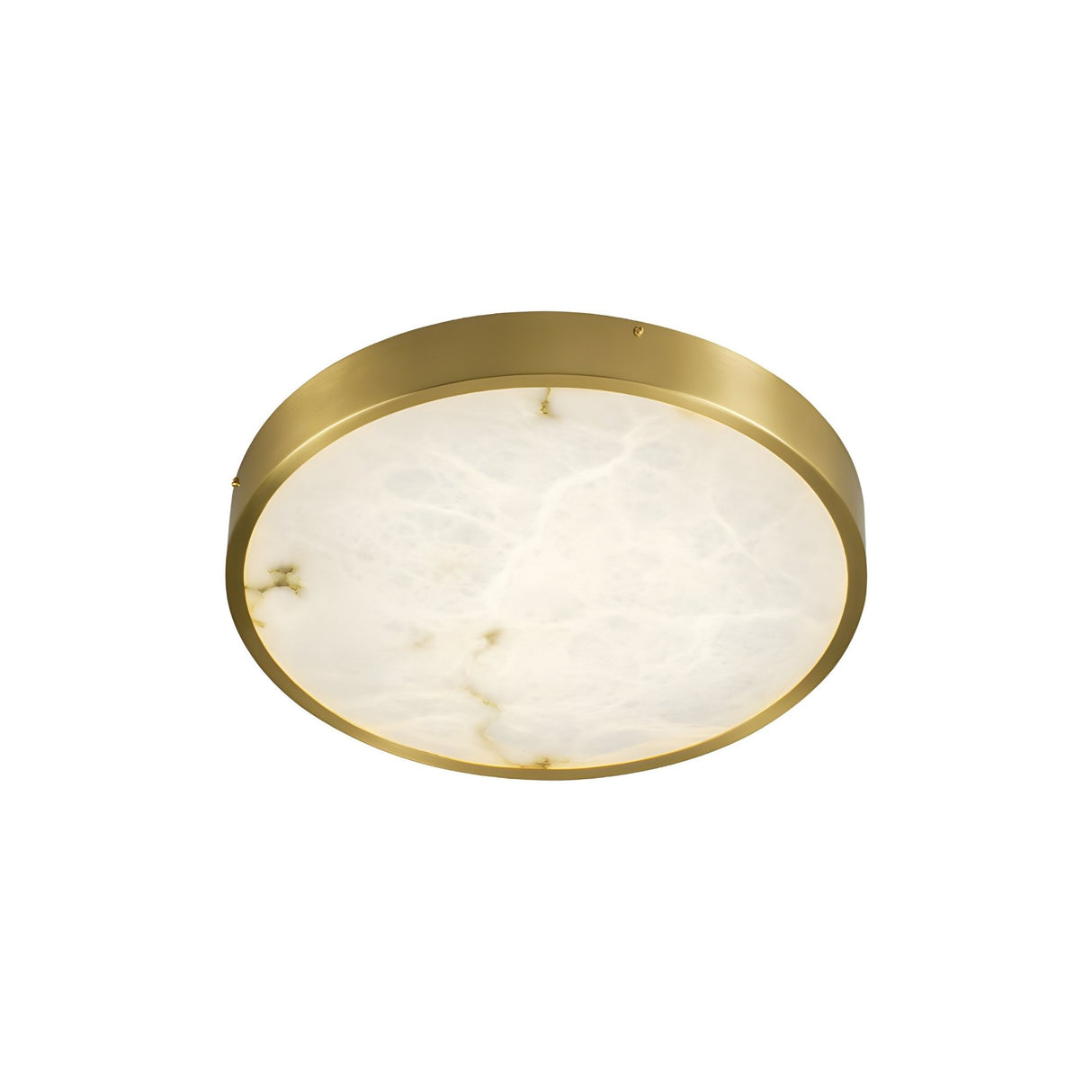 The Bravion LED Small Round Alabaster Flush Ceiling Light in soft white with a brushed brass frame features a marble-like diffused glass center and is shown flush mounted against a plain white background.