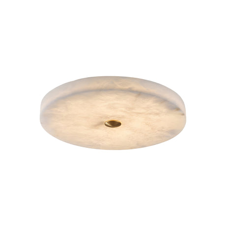 The Aleron LED Extra Small Round Alabaster Flush Ceiling Light features a soft white, cloudy surface with a brushed brass center detail, shown against a white background.