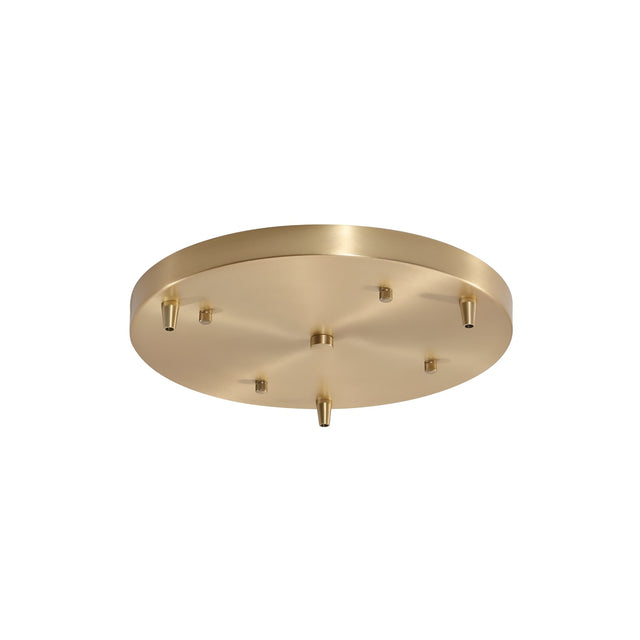 The Nalyra 30cm Round Canopy in natural brass features five small mounting connectors. Its gold-toned, brass-like finish creates a striking contrast against a plain white background.
