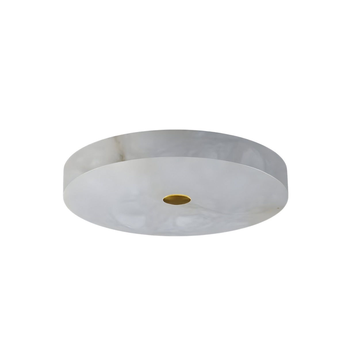 The Aleron LED Extra Small Round Alabaster Flush Ceiling Light features a smooth, soft white alabaster surface with a centered brushed brass accent.