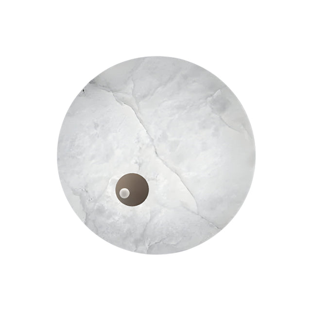 The Selvana LED Small Alabaster Wall Light in soft white features a round, marble-like design with gray veining and a small circular cutout near the edge, shown against a plain white background.