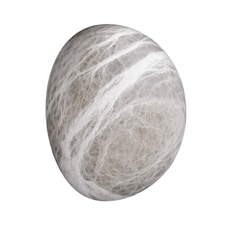 The Orvani LED Large Oval Alabaster Wall Light in soft white features smooth gray tones with web-like white patterns, resembling an elegant natural stone, and is showcased on a white background.